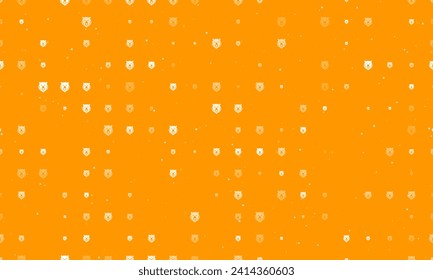 Seamless background pattern of evenly spaced white bear head icons of different sizes and opacity. Vector illustration on orange background with stars
