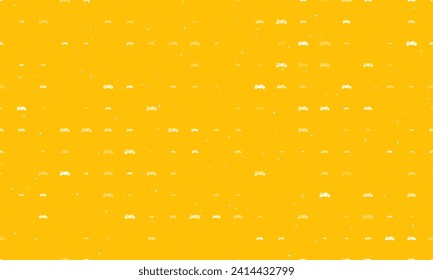 Seamless background pattern of evenly spaced white bike symbols of different sizes and opacity. Vector illustration on amber background with stars