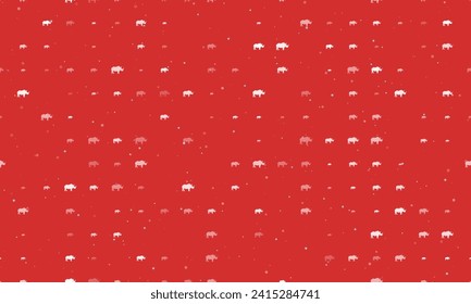 Seamless background pattern of evenly spaced white rhino symbols of different sizes and opacity. Vector illustration on red background with stars