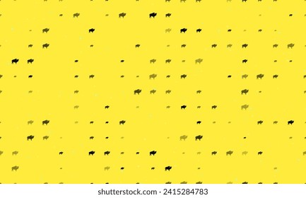Seamless background pattern of evenly spaced black buffalo symbols of different sizes and opacity. Vector illustration on yellow background with stars