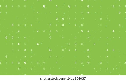 Seamless background pattern of evenly spaced white capital letter G symbols of different sizes and opacity. Vector illustration on light green background with stars