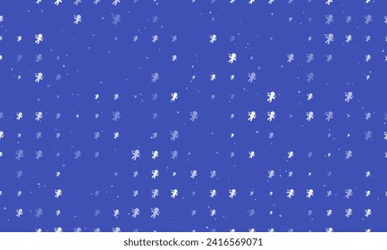 Seamless background pattern of evenly spaced white Voodoo Doll symbols of different sizes and opacity. Vector illustration on indigo background with stars