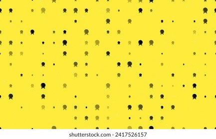 Seamless background pattern of evenly spaced black spirit ball symbols of different sizes and opacity. Vector illustration on yellow background with stars