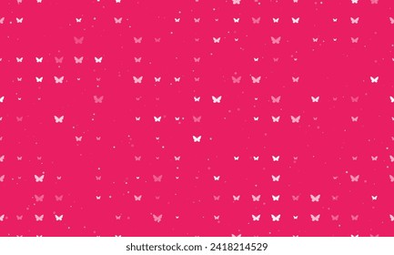 Seamless background pattern of evenly spaced white butterfly symbols of different sizes and opacity. Vector illustration on pink background with stars