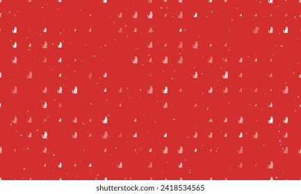 Seamless background pattern of evenly spaced white cat icons of different sizes and opacity. Vector illustration on red background with stars