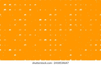 Seamless background pattern of evenly spaced white elephant symbols of different sizes and opacity. Vector illustration on orange background with stars