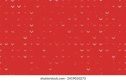Seamless background pattern of evenly spaced white deer horns symbols of different sizes and opacity. Vector illustration on red background with stars