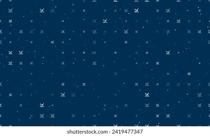 Seamless background pattern of evenly spaced white giraffe symbols of different sizes and opacity. Vector illustration on dark blue background with stars