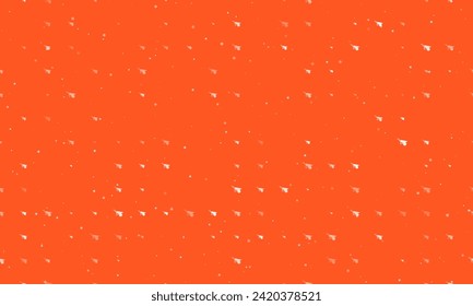 Seamless background pattern of evenly spaced white garden wheelbarrow symbols of different sizes and opacity. Vector illustration on deep orange background with stars