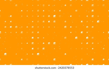 Seamless background pattern of evenly spaced white wild elephant symbols of different sizes and opacity. Vector illustration on orange background with stars