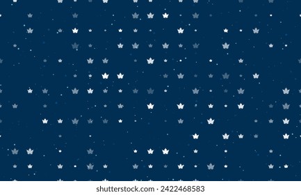 Seamless background pattern of evenly spaced white maple leaf symbols of different sizes and opacity. Vector illustration on dark blue background with stars