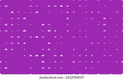 Seamless background pattern of evenly spaced white wild bear symbols of different sizes and opacity. Vector illustration on purple background with stars