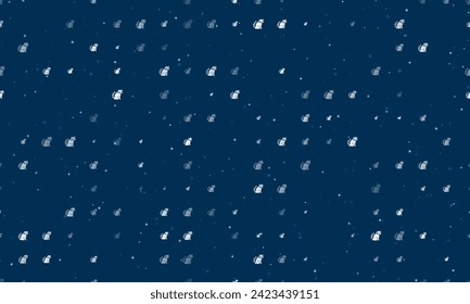 Seamless background pattern of evenly spaced white raccoon symbols of different sizes and opacity. Vector illustration on dark blue background with stars