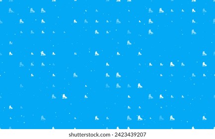 Seamless background pattern of evenly spaced white womens ice skates of different sizes and opacity. Vector illustration on light blue background with stars
