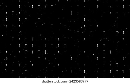 Patrón de fondo sin foco de símbolos de mallet blanco uniformemente espaciados de diferentes tamaños y opacidad. Ilustración vectorial sobre fondo negro con estrellas