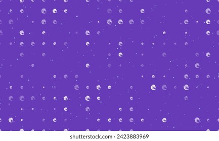 Seamless background pattern of evenly spaced white dragon's head symbols of different sizes and opacity. Vector illustration on deep purple background with stars