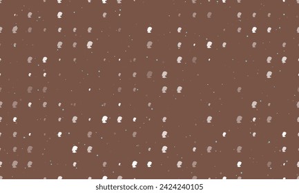 Seamless background pattern of evenly spaced white woman face profile symbols of different sizes and opacity. Vector illustration on brown background with stars