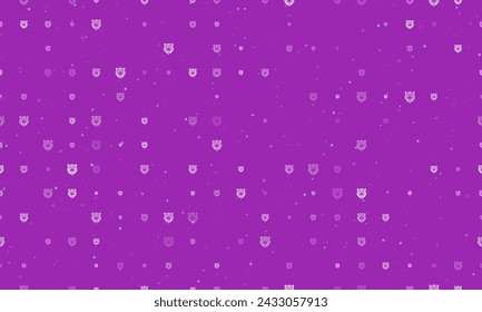 Seamless background pattern of evenly spaced white tiger head symbols of different sizes and opacity. Vector illustration on purple background with stars