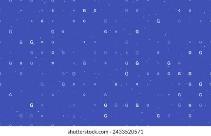 Seamless background pattern of evenly spaced white capital letter G symbols of different sizes and opacity. Vector illustration on indigo background with stars