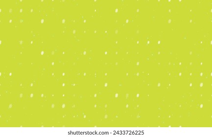 Seamless background pattern of evenly spaced white hash symbols of different sizes and opacity. Vector illustration on lime background with stars