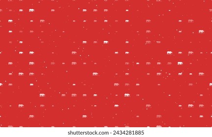 Seamless background pattern of evenly spaced white wild rhino symbols of different sizes and opacity. Vector illustration on red background with stars