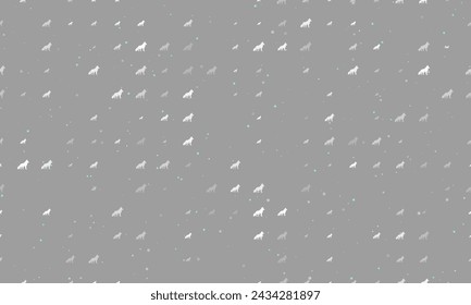 Seamless background pattern of evenly spaced white wolf symbols of different sizes and opacity. Vector illustration on gray background with stars