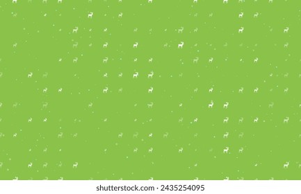 Seamless background pattern of evenly spaced white deer symbols of different sizes and opacity. Vector illustration on light green background with stars