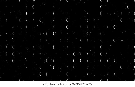 Seamless background pattern of evenly spaced white crescent symbols of different sizes and opacity. Vector illustration on black background with stars