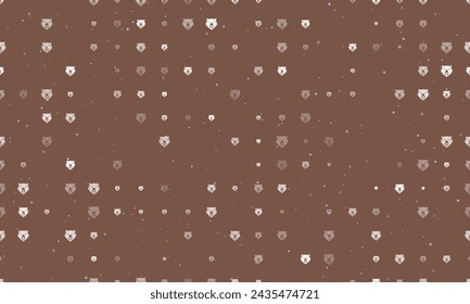 Seamless background pattern of evenly spaced white bear head symbols of different sizes and opacity. Vector illustration on brown background with stars