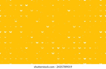Seamless background pattern of evenly spaced white butterfly symbols of different sizes and opacity. Vector illustration on amber background with stars
