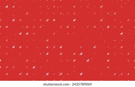 Seamless background pattern of evenly spaced white deer symbols of different sizes and opacity. Vector illustration on red background with stars