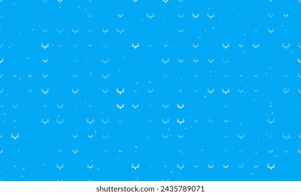 Seamless background pattern of evenly spaced white deer horns symbols of different sizes and opacity. Vector illustration on light blue background with stars