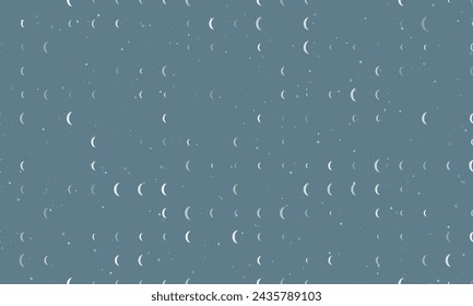 Seamless background pattern of evenly spaced white crescent symbols of different sizes and opacity. Vector illustration on blue gray background with stars