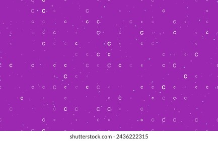 Seamless background pattern of evenly spaced white capital letter C symbols of different sizes and opacity. Vector illustration on purple background with stars