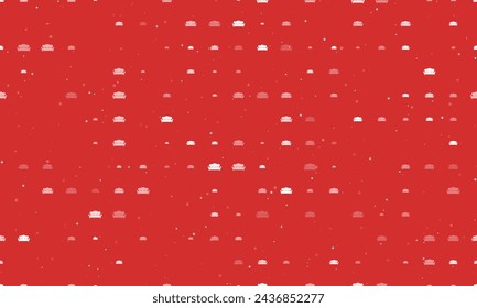 Seamless background pattern of evenly spaced white sofa symbols of different sizes and opacity. Vector illustration on red background with stars