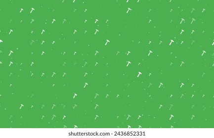 Seamless background pattern of evenly spaced white hammer symbols of different sizes and opacity. Vector illustration on green background with stars