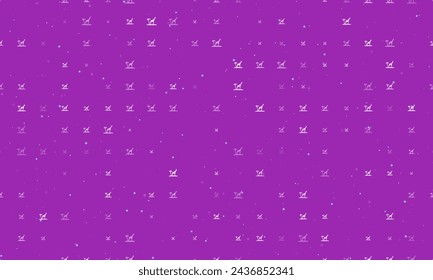 Seamless background pattern of evenly spaced white giraffe symbols of different sizes and opacity. Vector illustration on purple background with stars