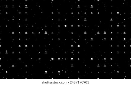 Seamless background pattern of evenly spaced white mushrooms symbols of different sizes and opacity. Vector illustration on black background with stars