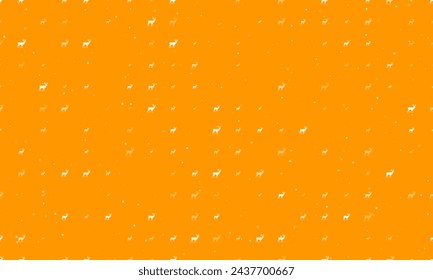 Seamless background pattern of evenly spaced white deer symbols of different sizes and opacity. Vector illustration on orange background with stars
