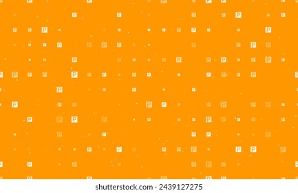 Seamless background pattern of evenly spaced white road parking signs of different sizes and opacity. Vector illustration on orange background with stars
