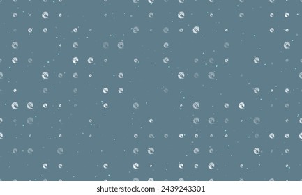 Seamless background pattern of evenly spaced white dragon's head symbols of different sizes and opacity. Vector illustration on blue gray background with stars