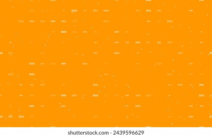 Seamless background pattern of evenly spaced white 2024 year symbols of different sizes and opacity. Vector illustration on orange background with stars