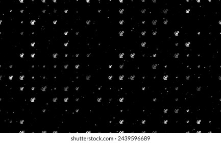 Seamless background pattern of evenly spaced white raccoon symbols of different sizes and opacity. Vector illustration on black background with stars