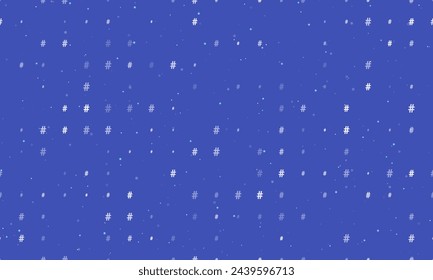 Seamless background pattern of evenly spaced white hash symbols of different sizes and opacity. Vector illustration on indigo background with stars