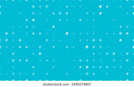 Seamless background pattern of evenly spaced white dragon's head symbols of different sizes and opacity. Vector illustration on cyan background with stars