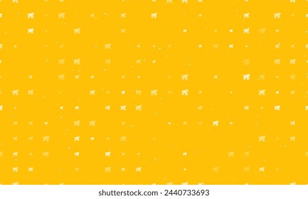 Seamless background pattern of evenly spaced white tiger symbols of different sizes and opacity. Vector illustration on amber background with stars