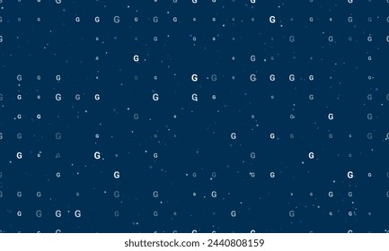 Seamless background pattern of evenly spaced white capital letter G symbols of different sizes and opacity. Vector illustration on dark blue background with stars