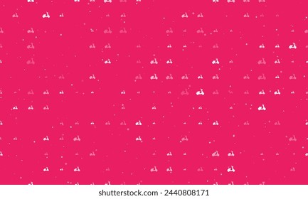 Seamless background pattern of evenly spaced white scooter symbols of different sizes and opacity. Vector illustration on pink background with stars