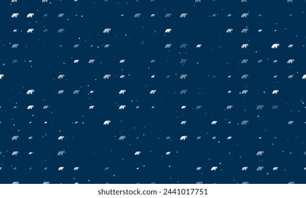 Seamless background pattern of evenly spaced white raccoon symbols of different sizes and opacity. Vector illustration on dark blue background with stars