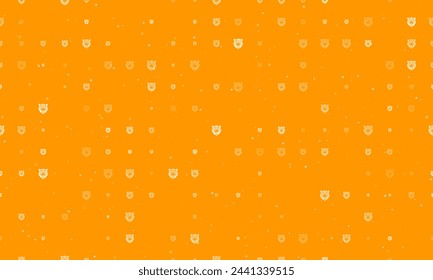 Seamless background pattern of evenly spaced white tiger head symbols of different sizes and opacity. Vector illustration on orange background with stars